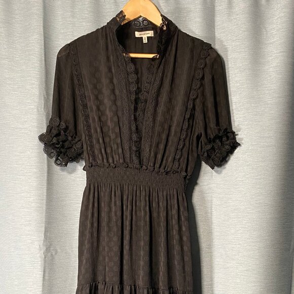 3/4 length tiered lined lace trim Peasant Girl Black Dress, Medium	M - Picture 1 of 6